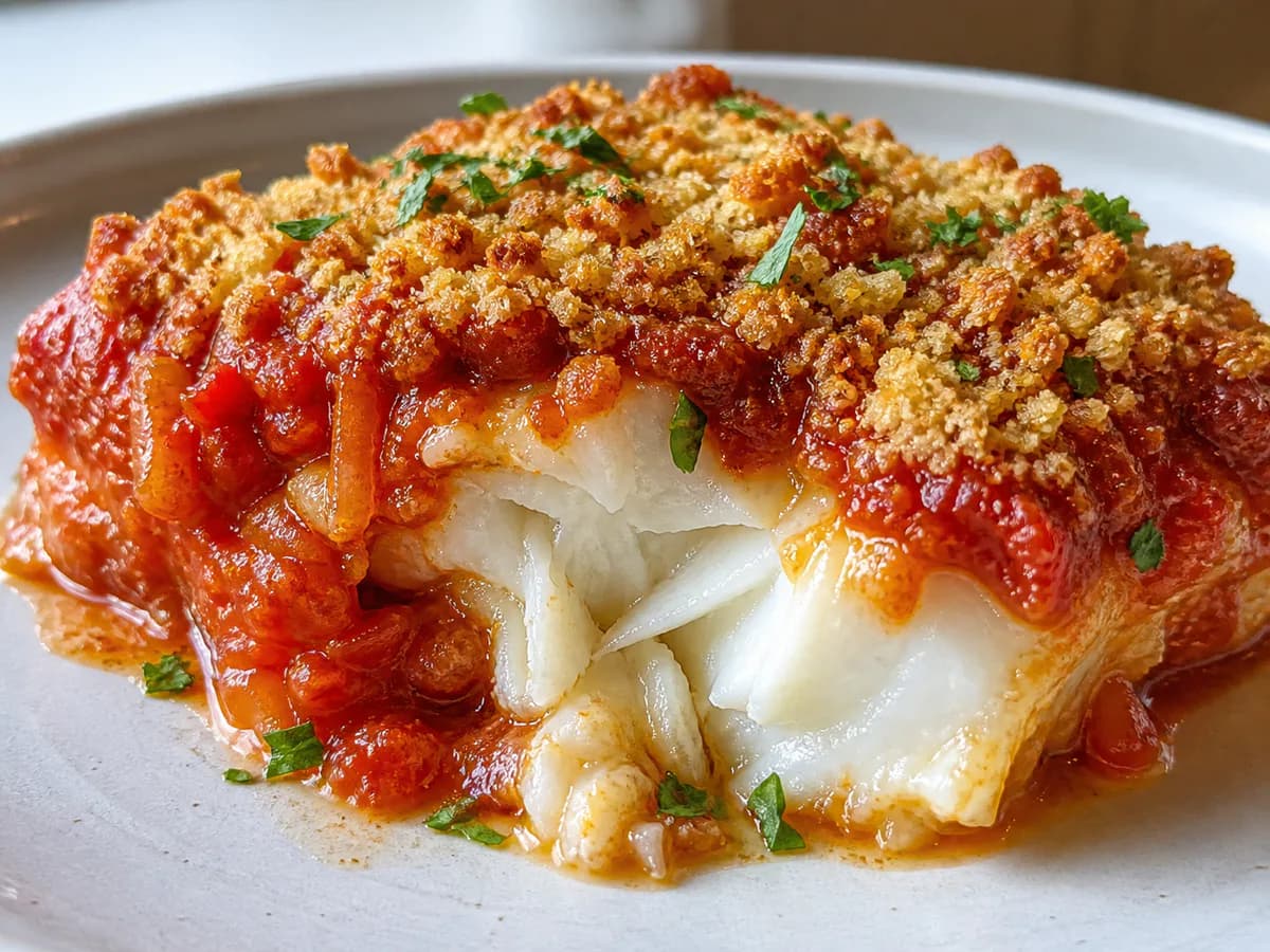 Pormenor de uma porção de Bacalhau Assado com Molho Vermelho e Cobertura de Broa de Milho