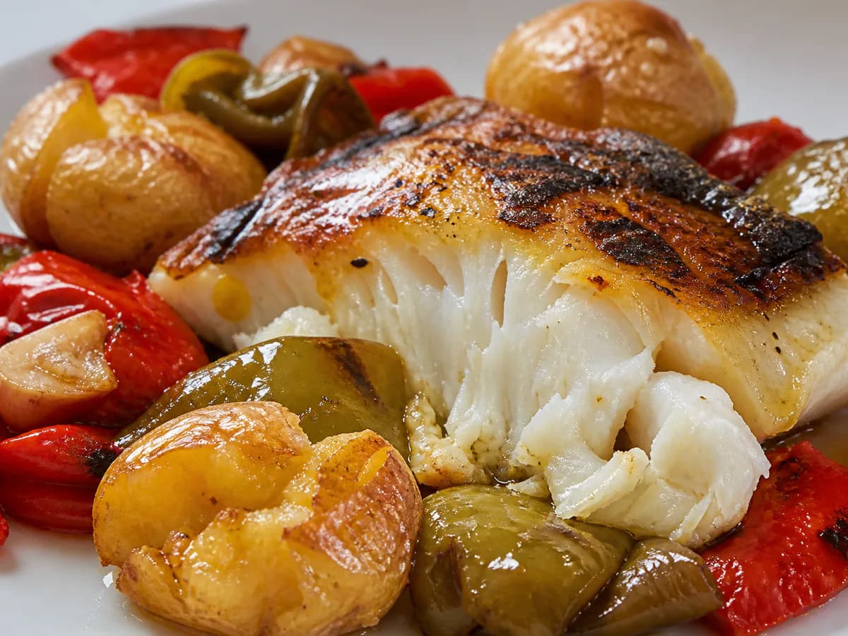 Pormenor de uma porção de Bacalhau Assado na Brasa com Batatas a Murro e Pimentos