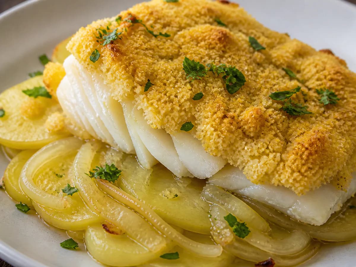 Pormenor de uma porção de Bacalhau Assado no Forno com Batatas e Broa