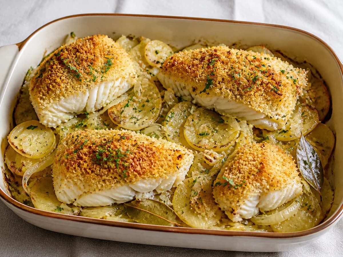Bacalhau Assado no Forno com Batatas e Broa