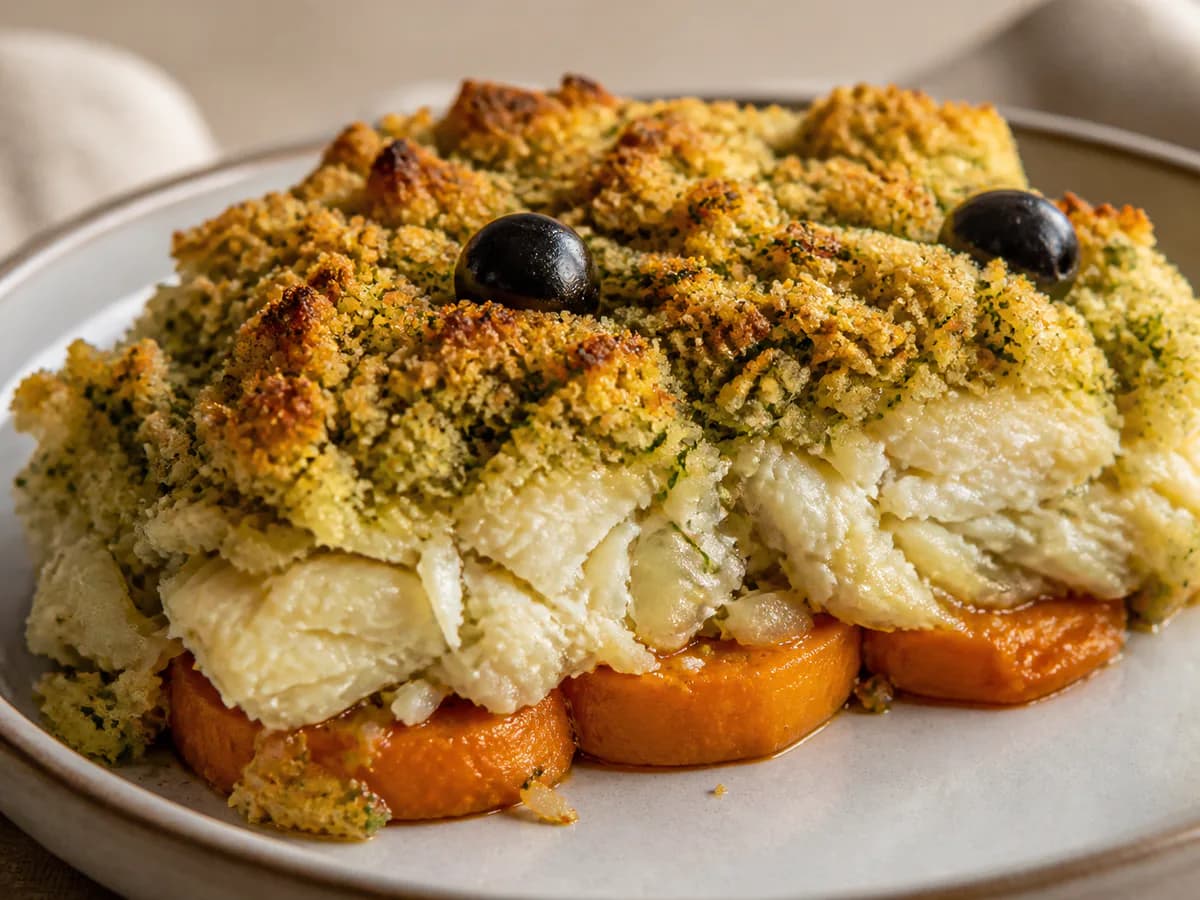 Pormenor de uma porção de Bacalhau em Broa Verde com Cama de Batata Doce