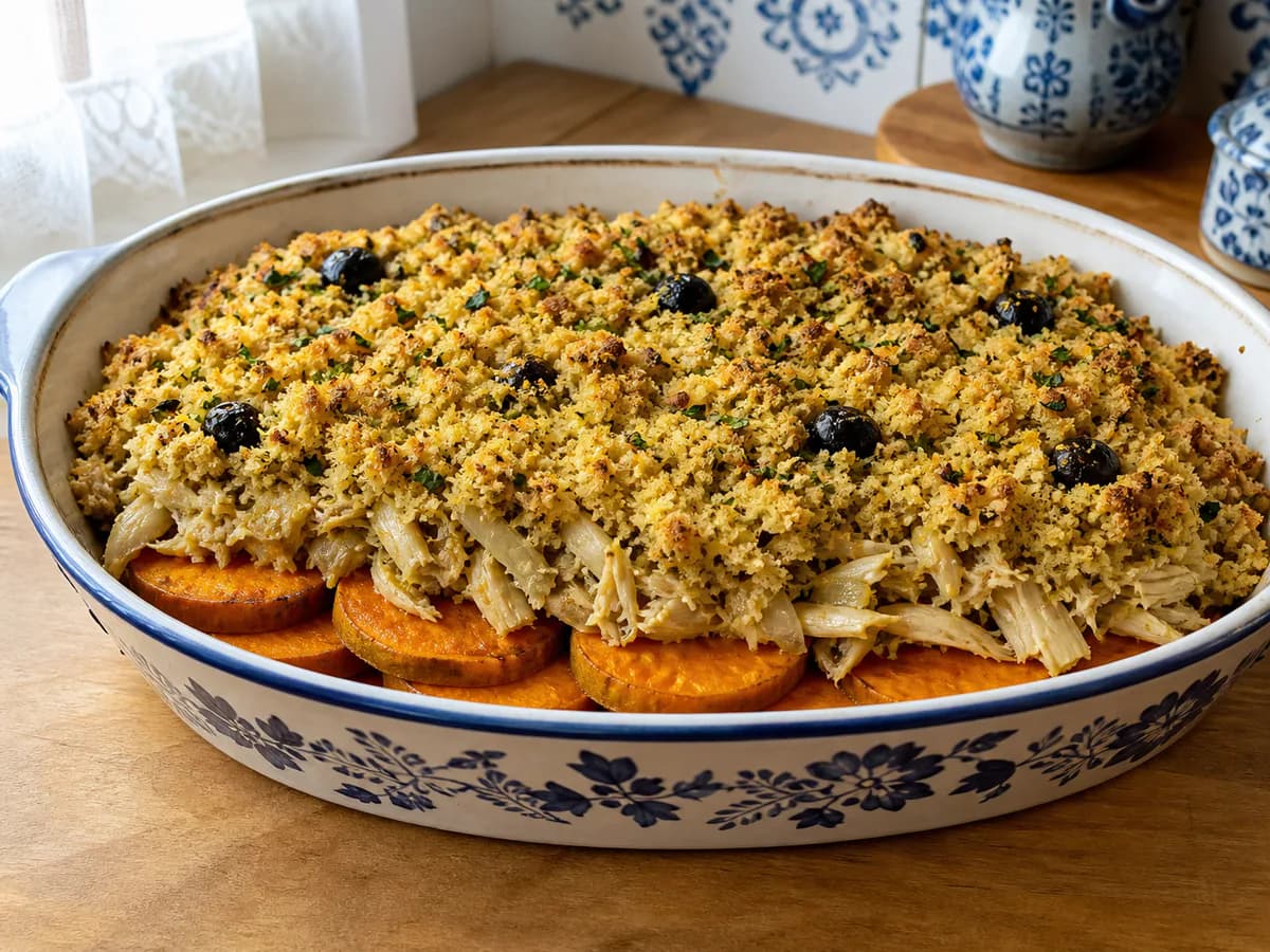 Bacalhau em Broa Verde com Cama de Batata Doce