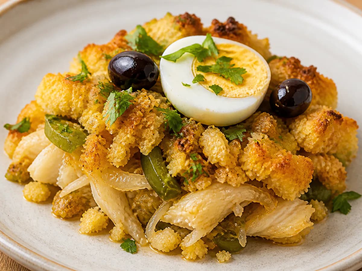 Pormenor de uma porção de Bacalhau com Bróa à Alentejana
