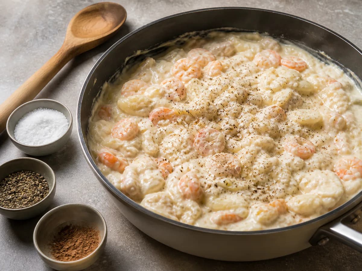 Preparação de Bacalhau com Camarão e Broa de Milho durante a confeção