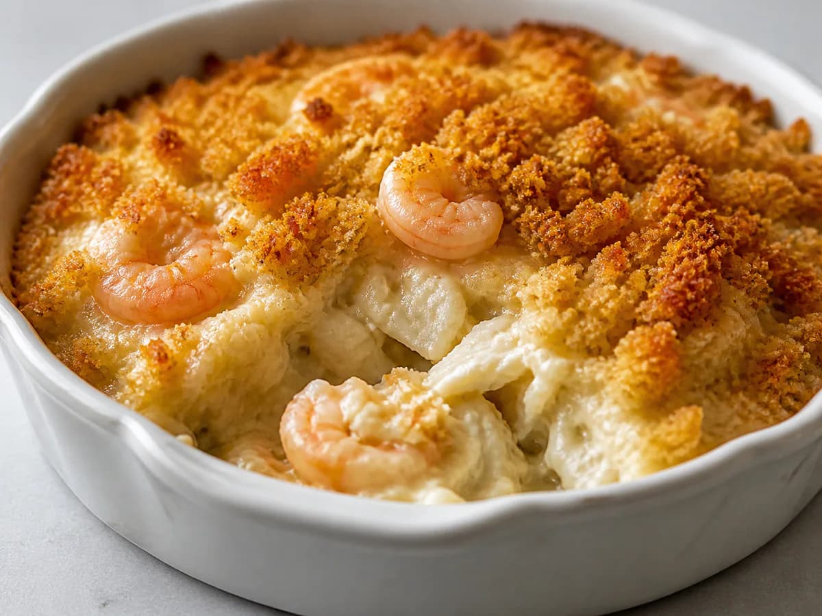 Pormenor de uma porção de Bacalhau com Camarão e Broa de Milho