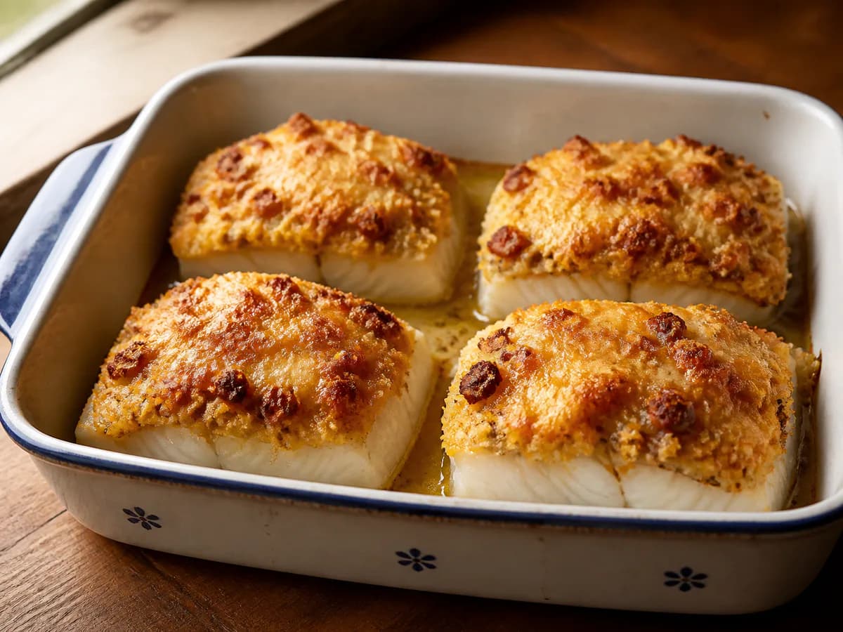 Bacalhau com Crocante de Broa, Queijo e Chouriço