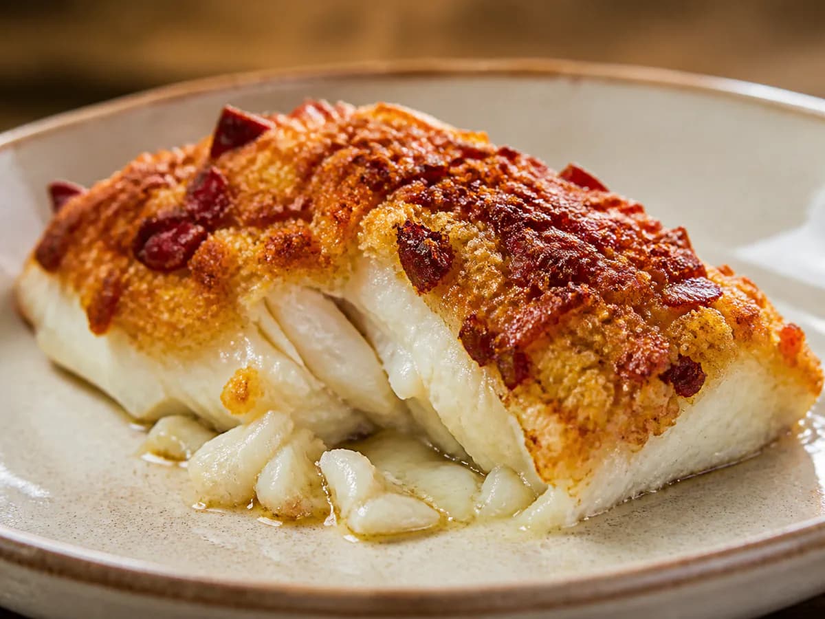 Pormenor de uma porção de Bacalhau com Crocante de Broa, Queijo e Chouriço