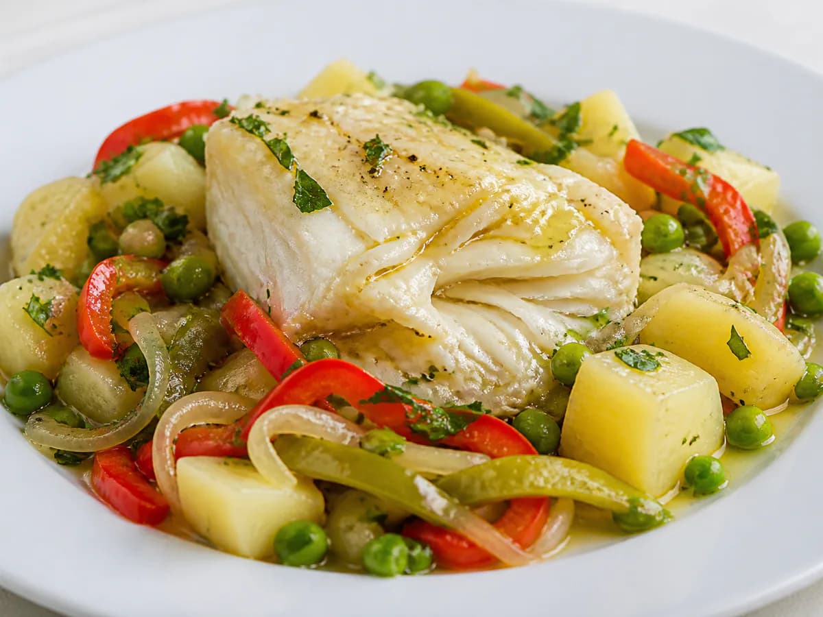 Pormenor de uma porção de Bacalhau com Legumes Delicioso