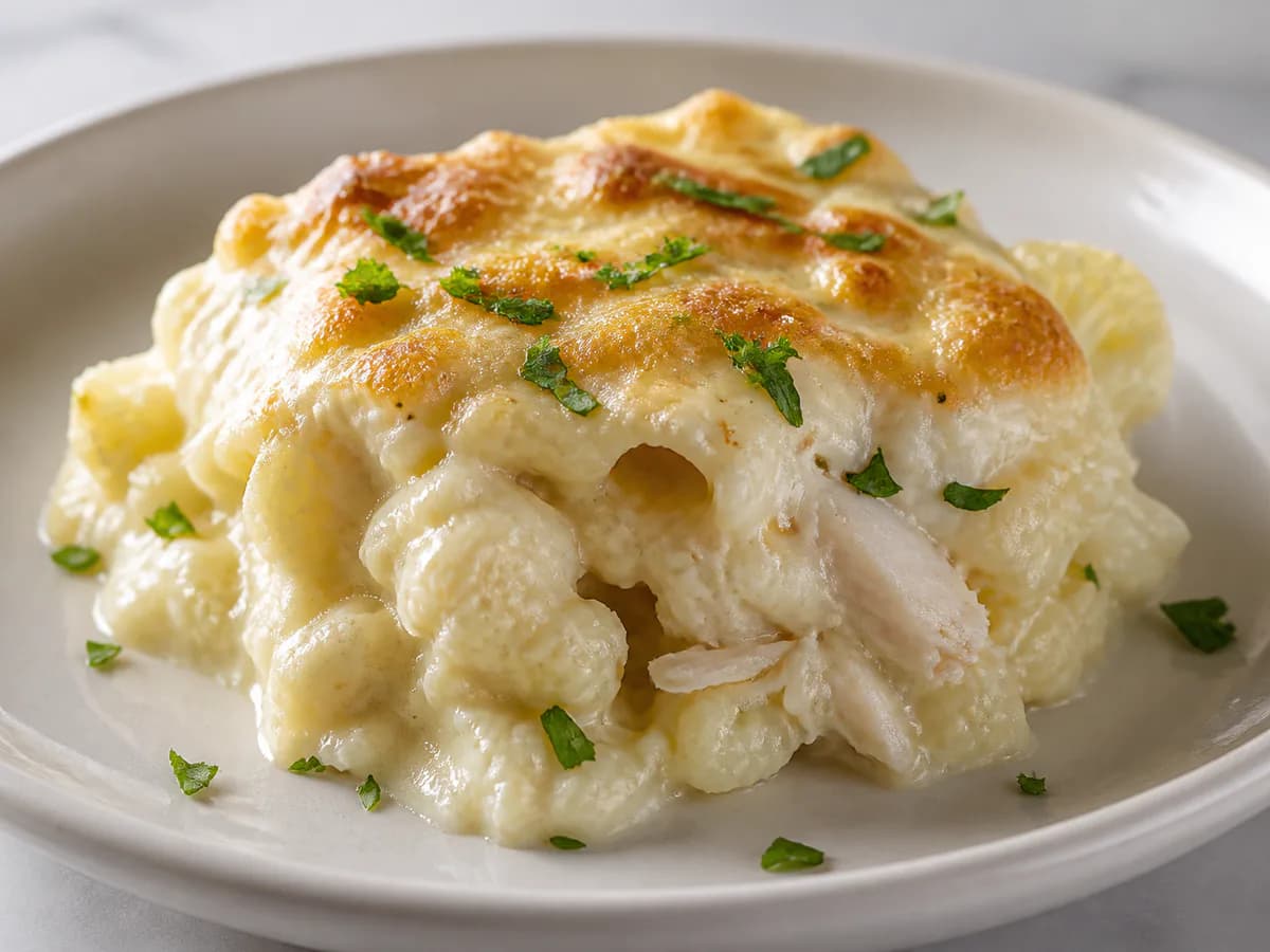 Pormenor de uma porção de Bacalhau Cremoso com Couve-Flor