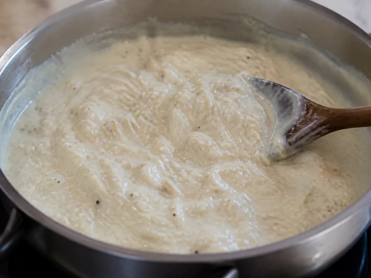 Preparação de Bacalhau Cremoso com Crosta de Broa durante a confeção