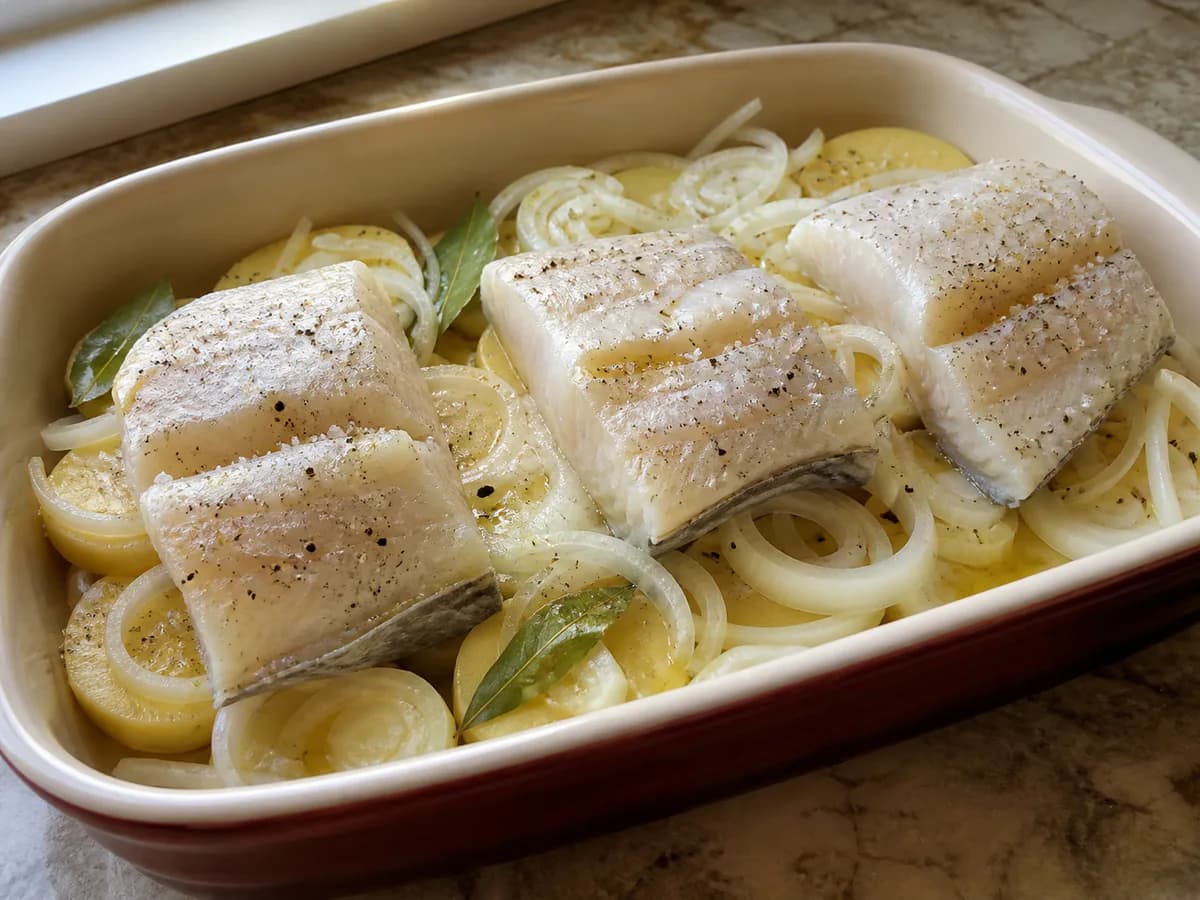 Preparação de Bacalhau da Consoada com Batatas e Azeite durante a confeção