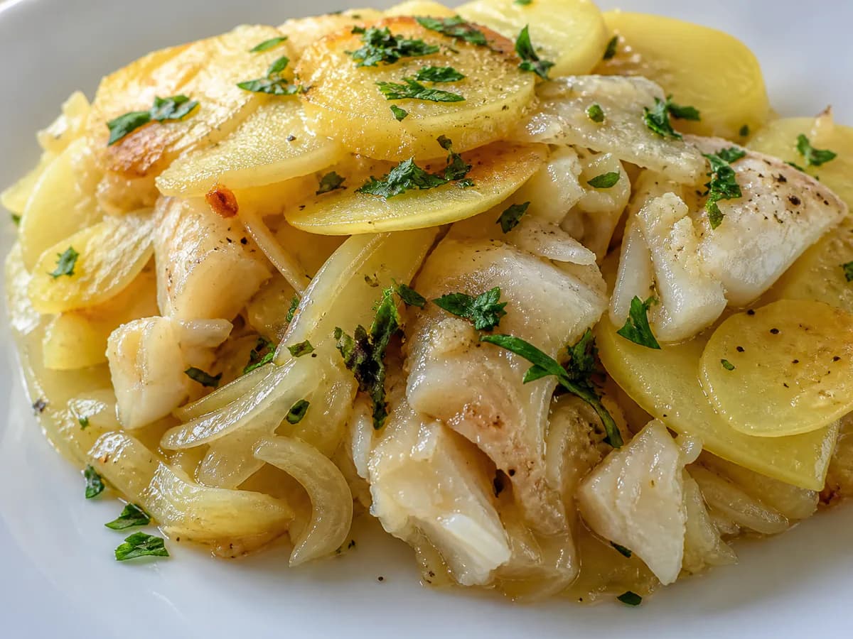 Pormenor de uma porção de Bacalhau no Forno com Batata e Cebola