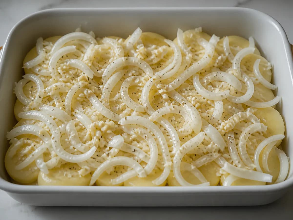 Preparação de Bacalhau no Forno com Batata e Cebola durante a confeção