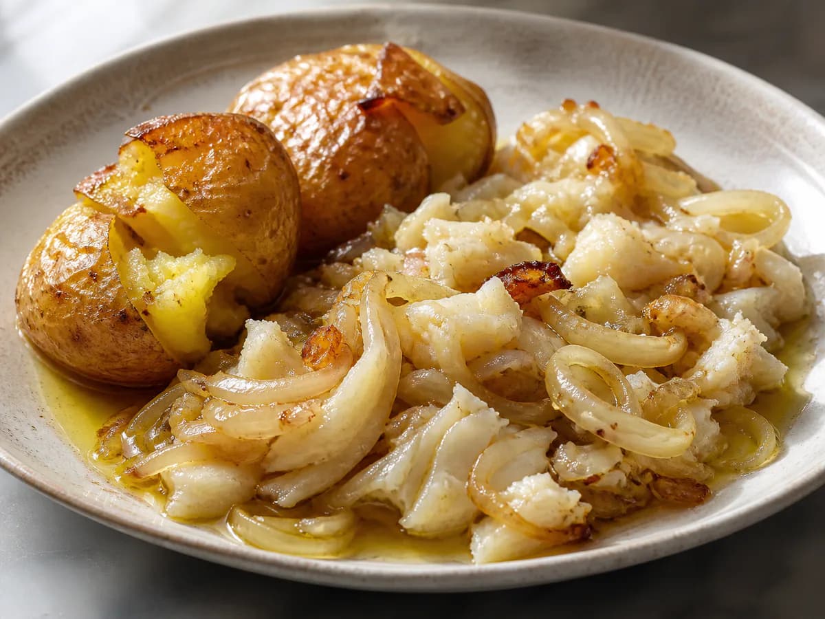 Pormenor de uma porção de Bacalhau à Lagareiro com Batatas a Murro