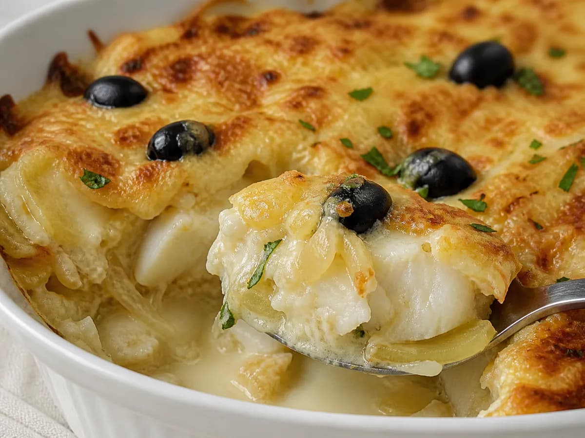 Pormenor de uma porção de Bacalhau Gratinado com Natas e Queijo