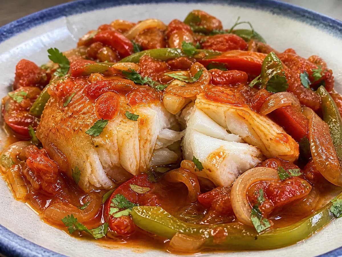 Pormenor de uma porção de Bacalhau em Tomatada