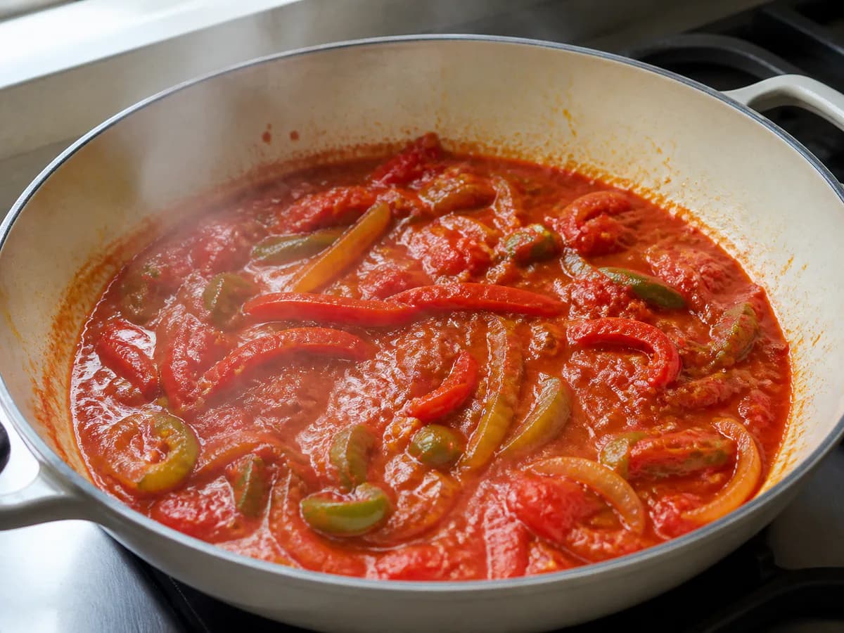 Preparação de Bacalhau em Tomatada durante a confeção