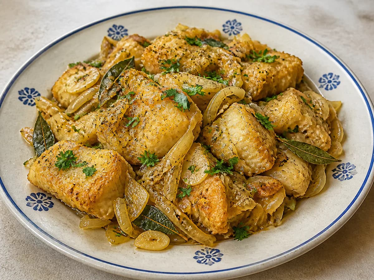 Lascas de Bacalhau Frito com Cebolada