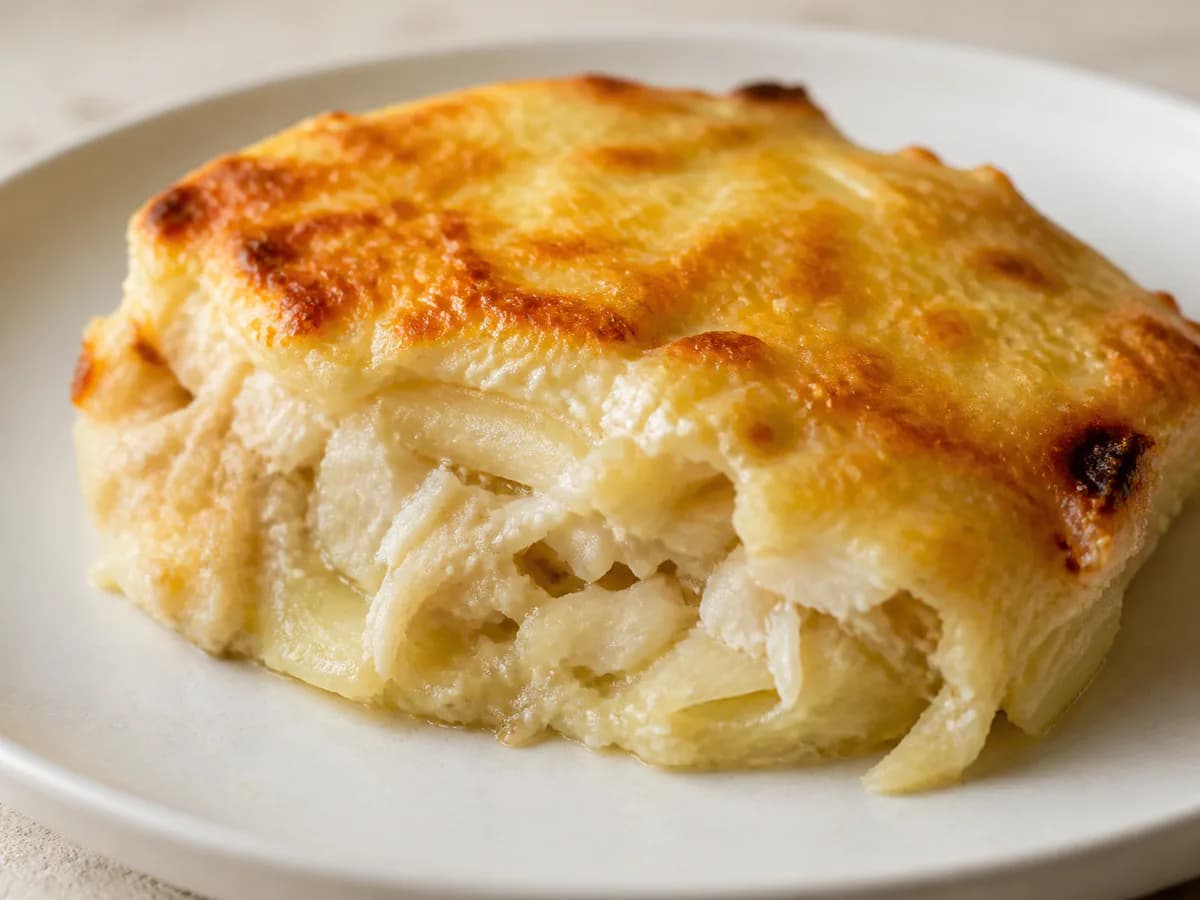 Pormenor de uma porção de Bacalhau Gratinado à Portuguesa