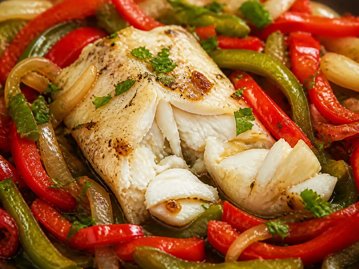 Pormenor de uma porção de Bacalhau à Frigideira com Pimentos