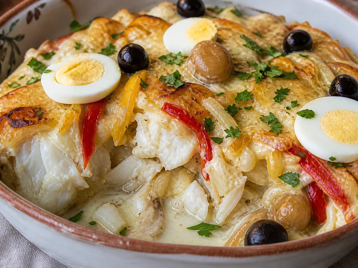 Pormenor de uma porção de Bacalhau Natalício com Pimentos e Castanhas