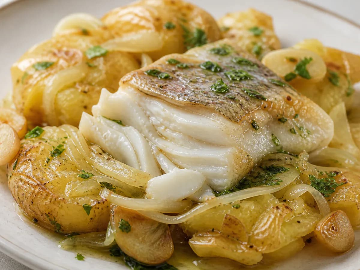 Pormenor de uma porção de Bacalhau Assado no Forno com Batatas a Murro