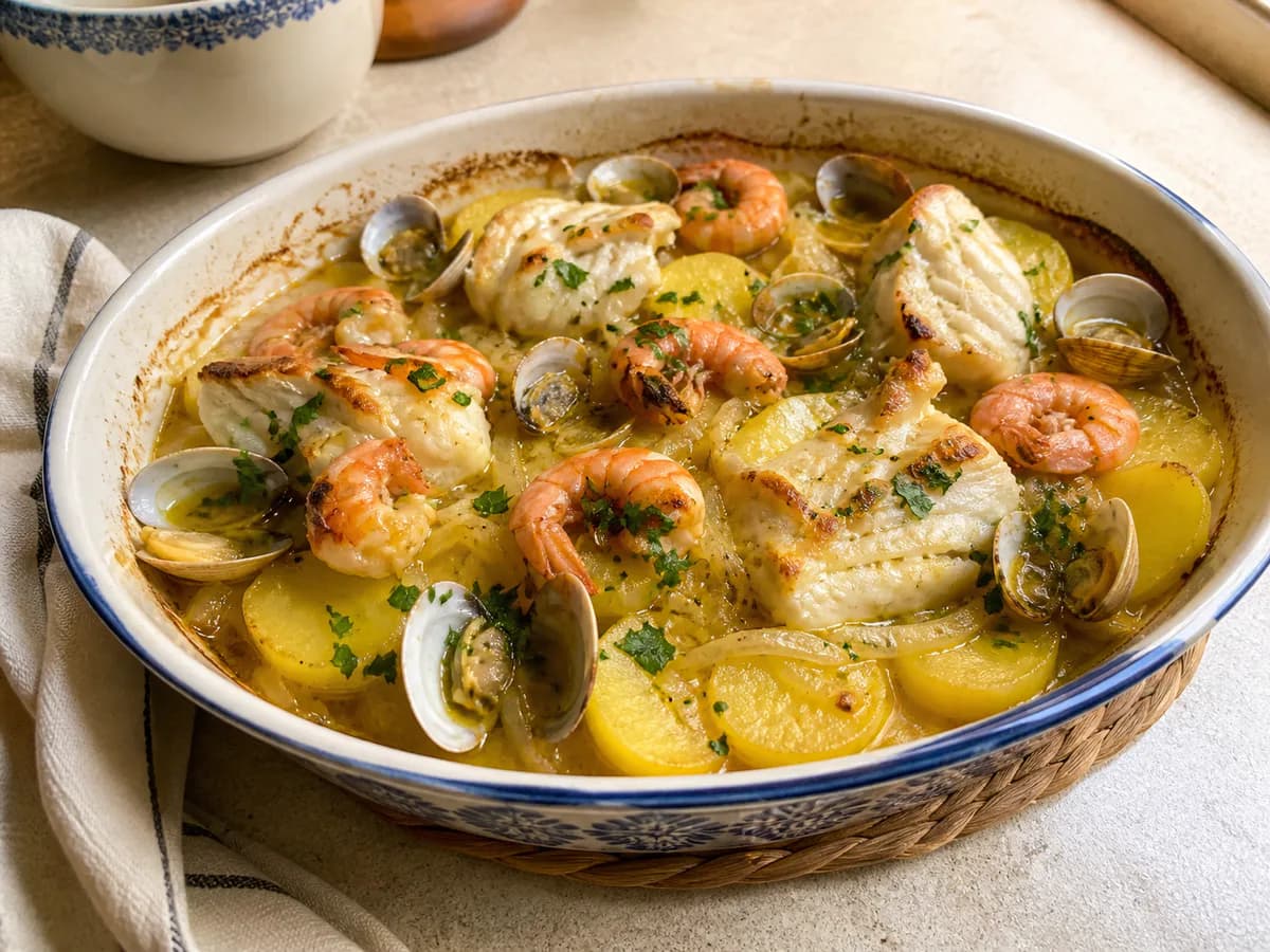 Bacalhau no Forno com Batatas, Camarão e Ameijoas