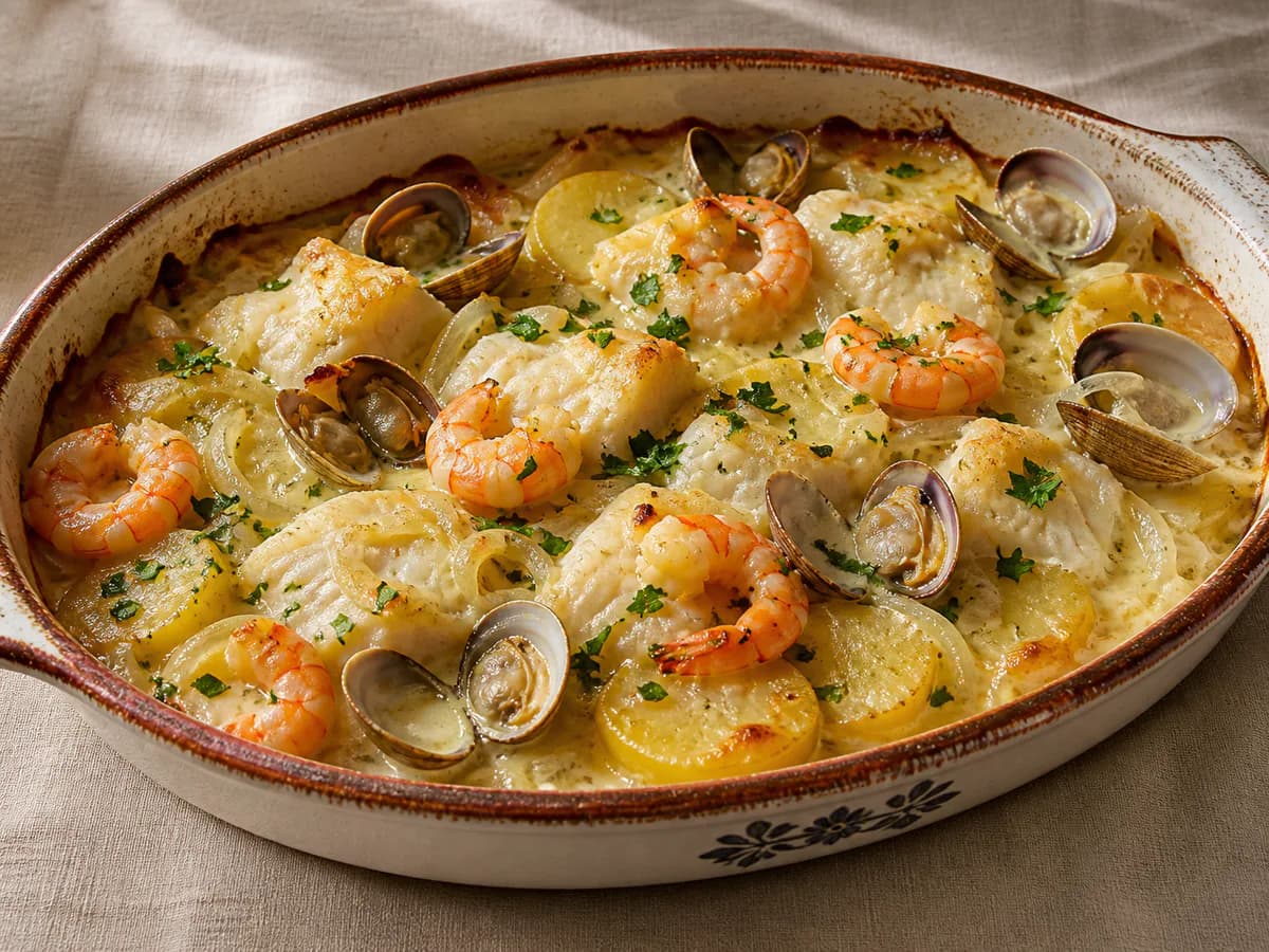 Bacalhau no Forno com Batata, Camarão e Ameijoas