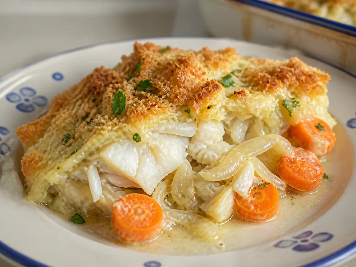 Pormenor de uma porção de Bacalhau no Forno com Cenoura Gratinado
