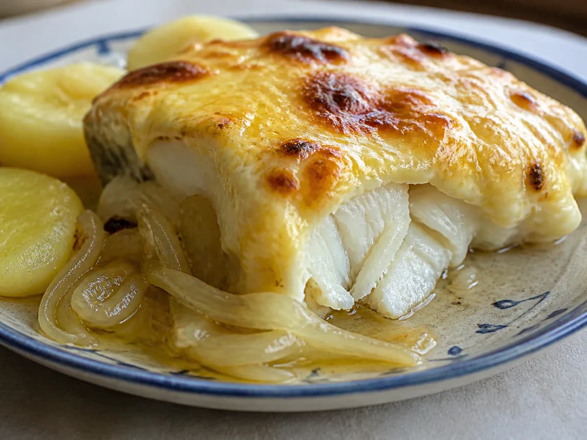 Pormenor de uma porção de Bacalhau no Forno com Maionese
