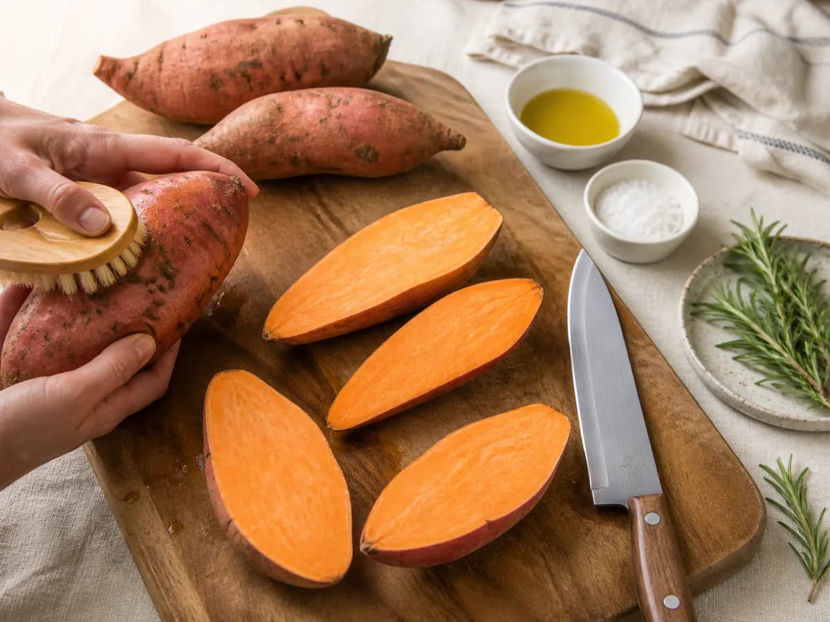 Preparação de Batata Doce Assada No Forno durante a confeção