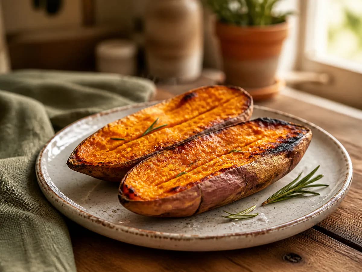 Pormenor de uma porção de Batata Doce Assada No Forno