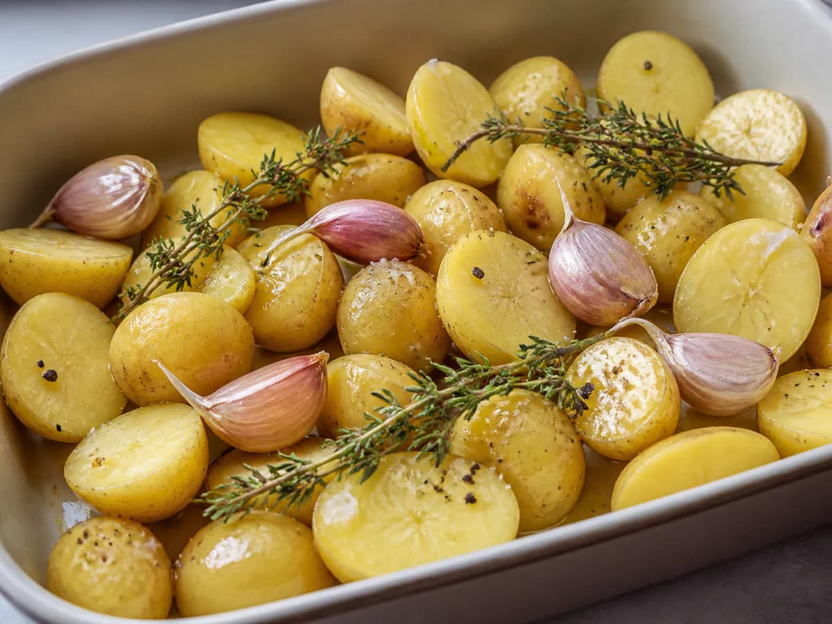 Preparação de Batatas Assadas com Alho e Tomilho durante a confeção