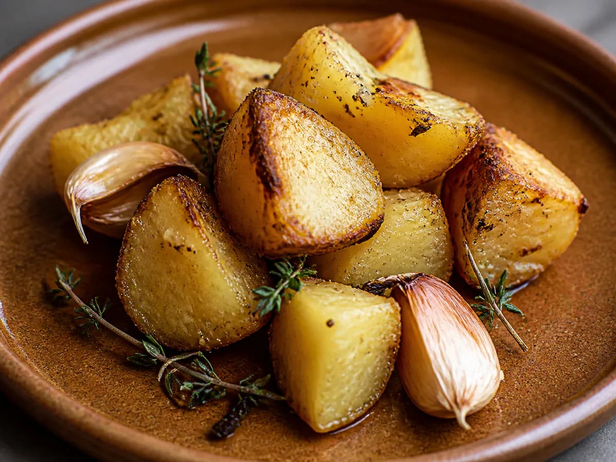 Pormenor de uma porção de Batatas Assadas com Alho e Tomilho