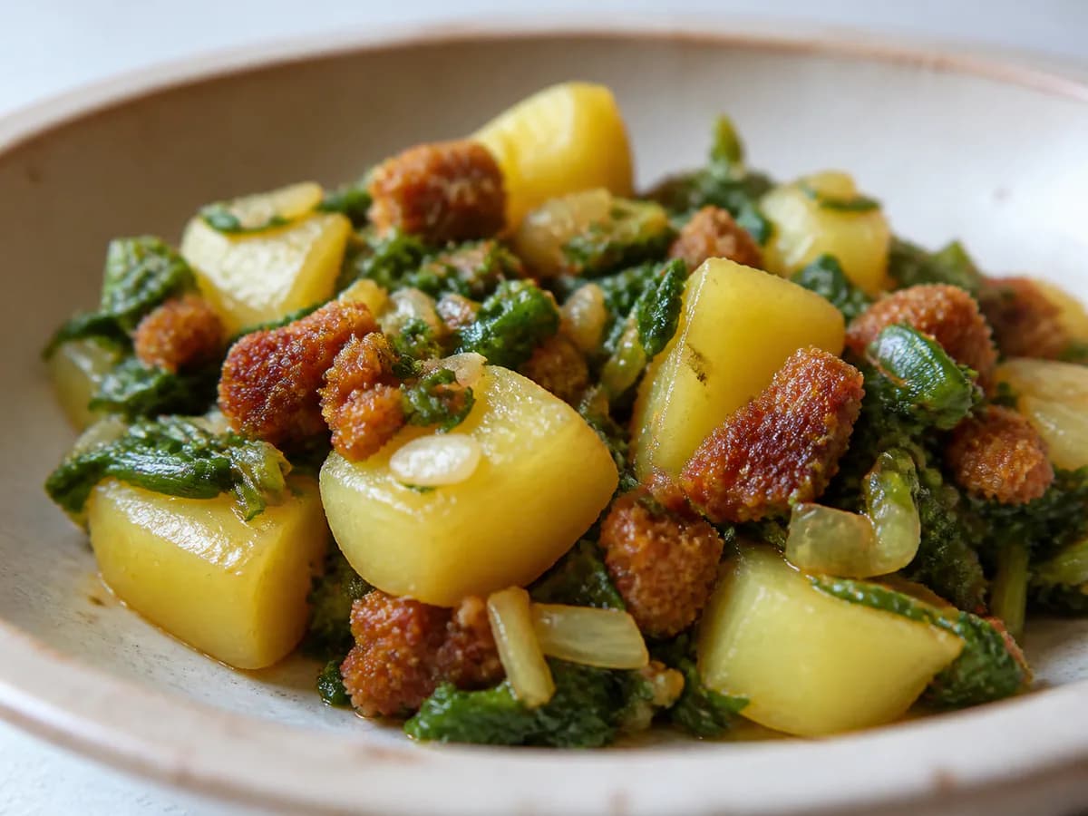 Pormenor de uma porção de Batatas com Alheira e Grelos de Nabo