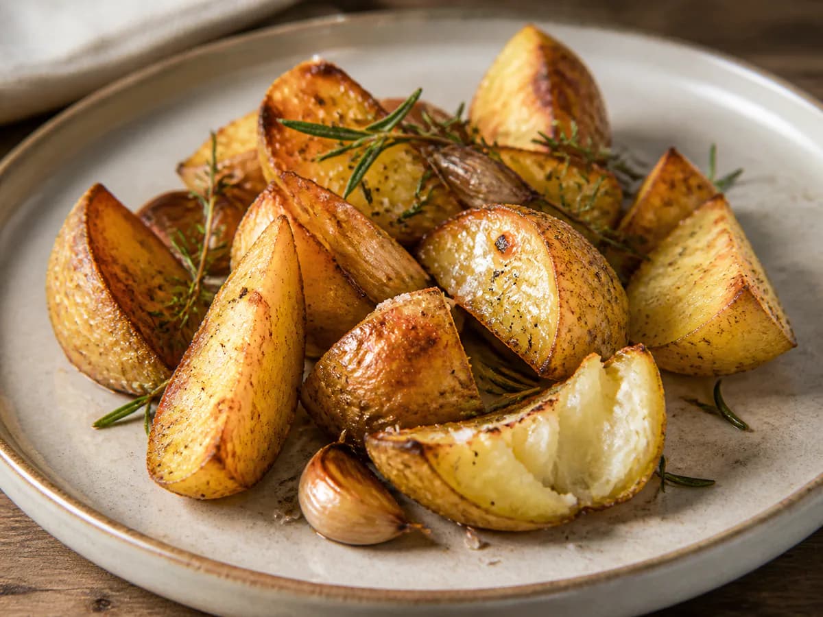 Pormenor de uma porção de Batatas Douradas no Forno - Um Acompanhamento Perfeito