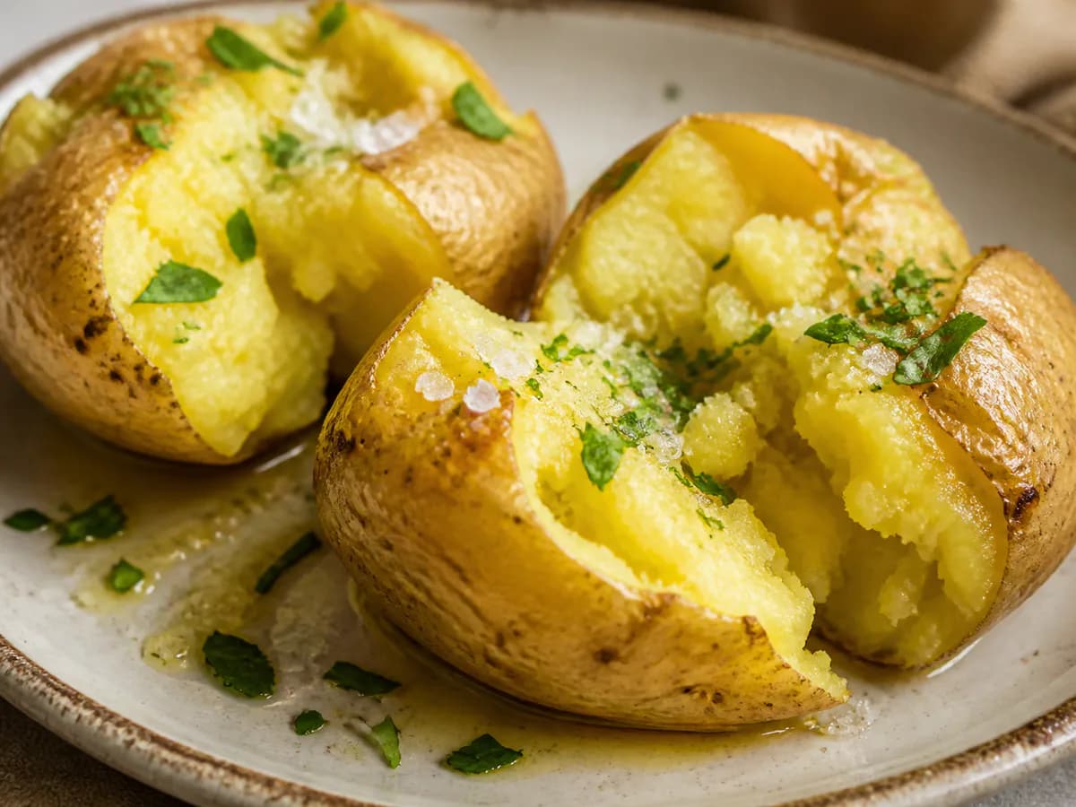 Pormenor de uma porção de Batatas Murro Assadas no Micro-ondas