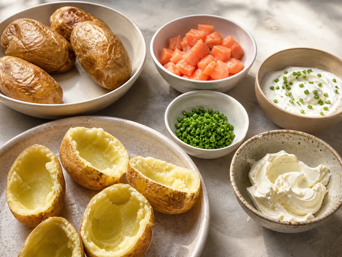 Preparação de Batatas Recheadas com Salmão e Molho de Iogurte durante a confeção