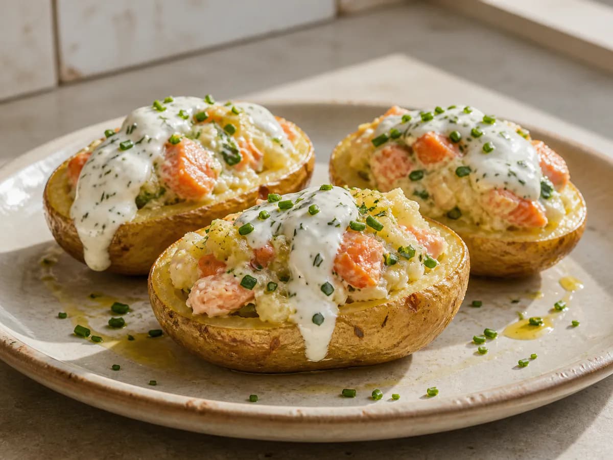 Batatas Recheadas com Salmão e Molho de Iogurte