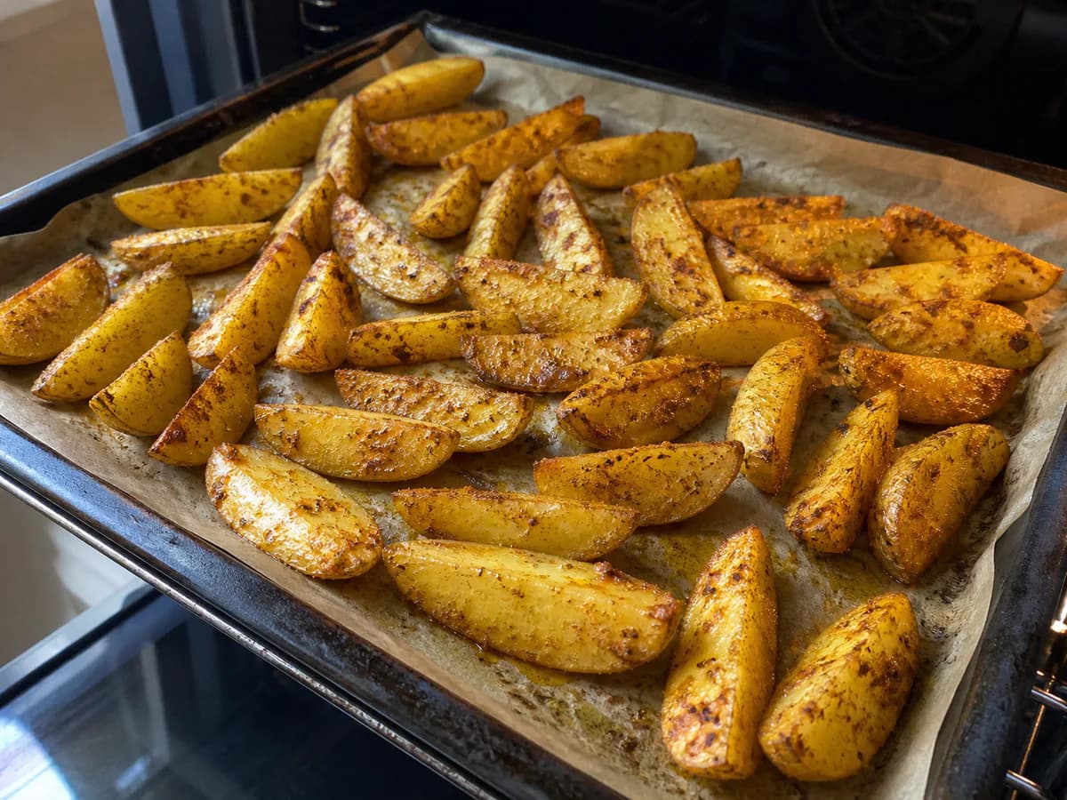 Preparação de Batatas Wedge Com Molho De Salsa durante a confeção