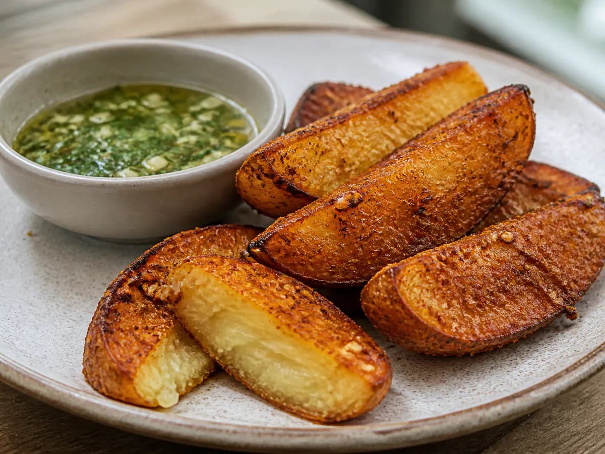 Pormenor de uma porção de Batatas Wedge Com Molho De Salsa