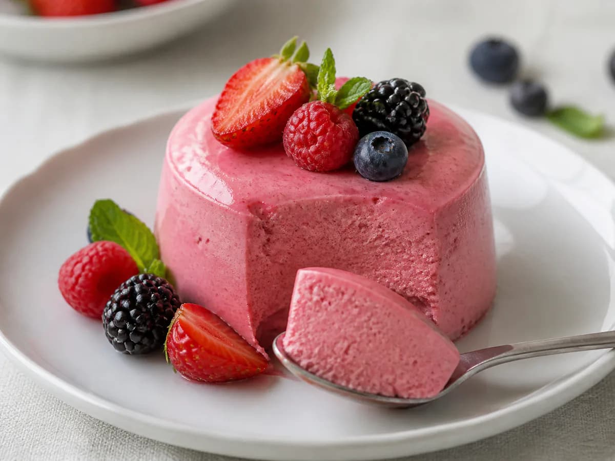Pormenor de uma porção de Bavaroise de Frutos Vermelhos