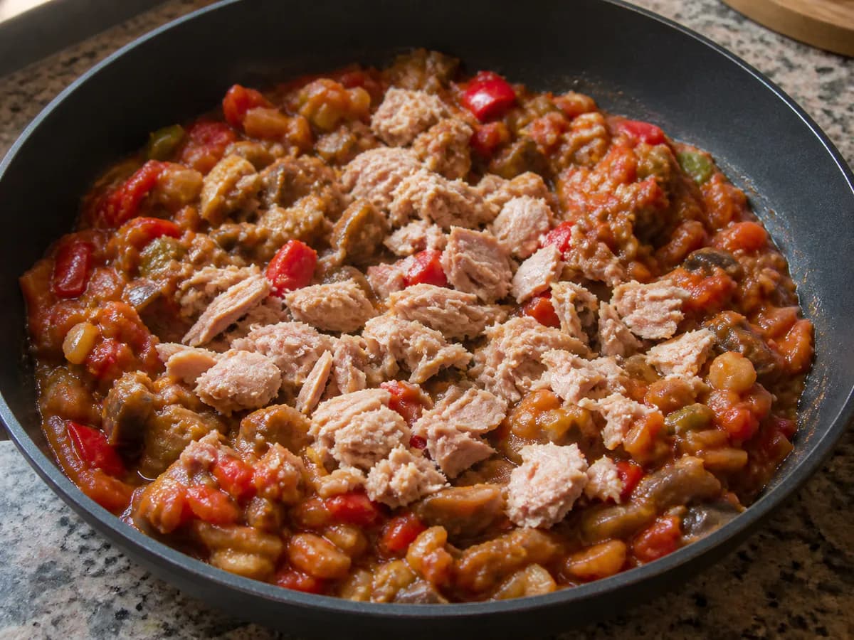 Preparação de Beringelas Recheadas com Atum durante a confeção