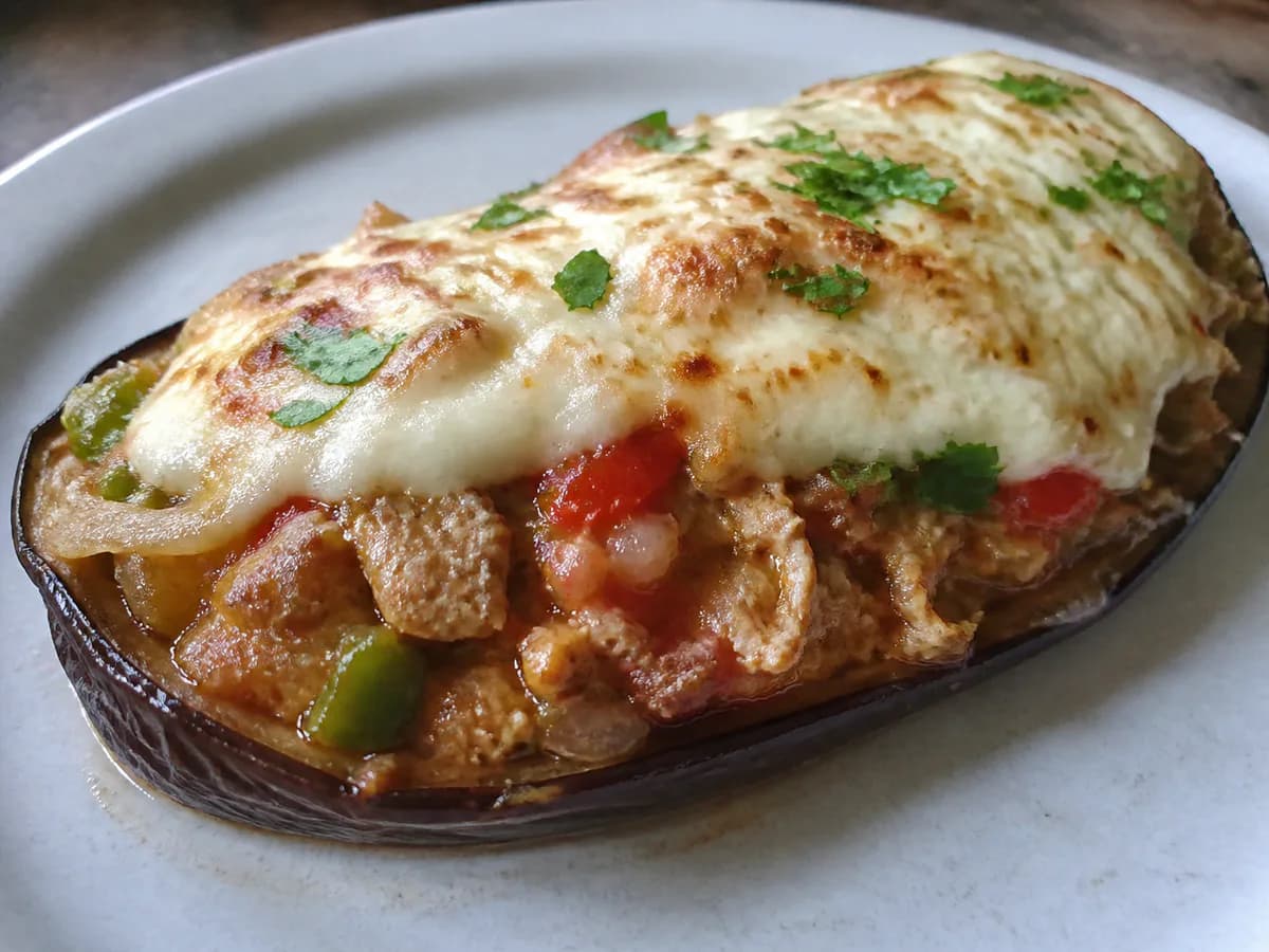 Pormenor de uma porção de Beringelas Recheadas com Atum