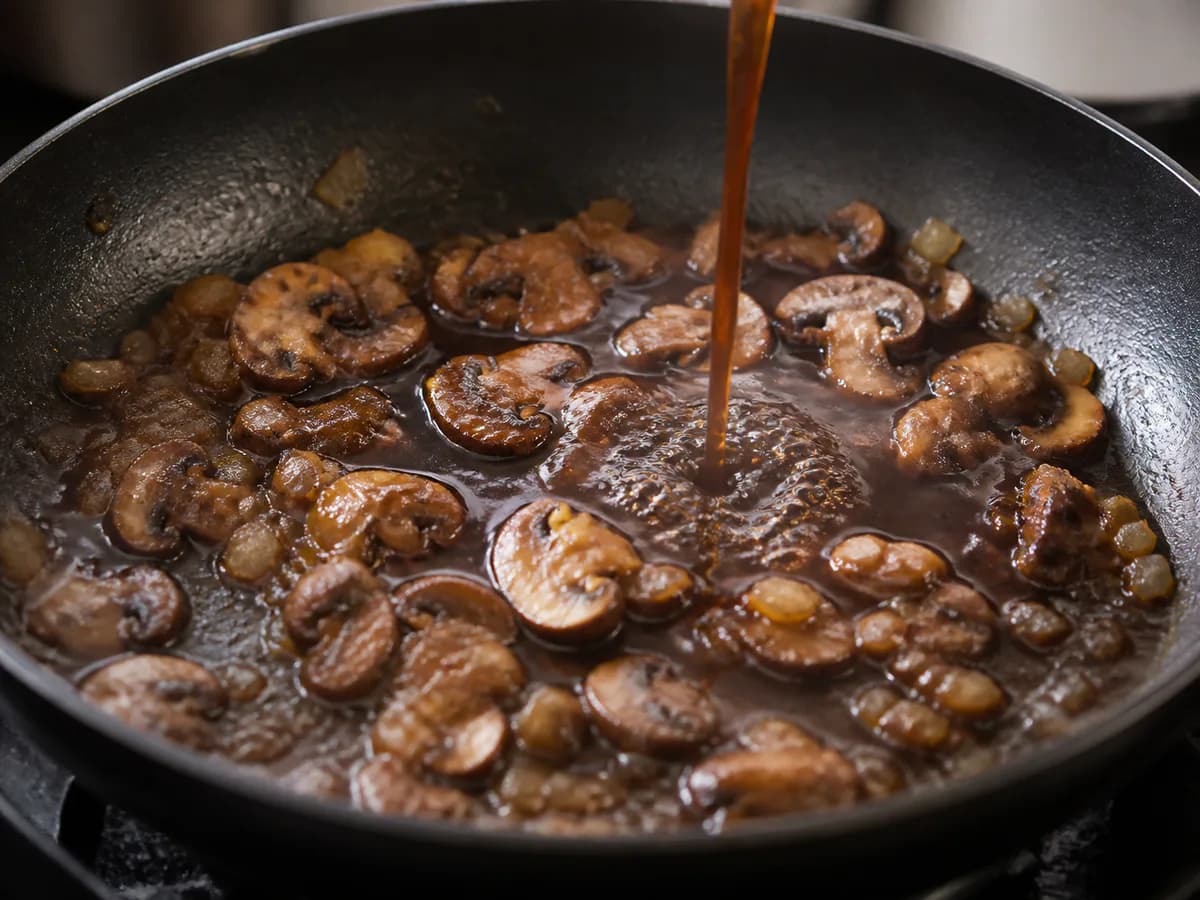 Preparação de Bifes ao Café com Cogumelos durante a confeção