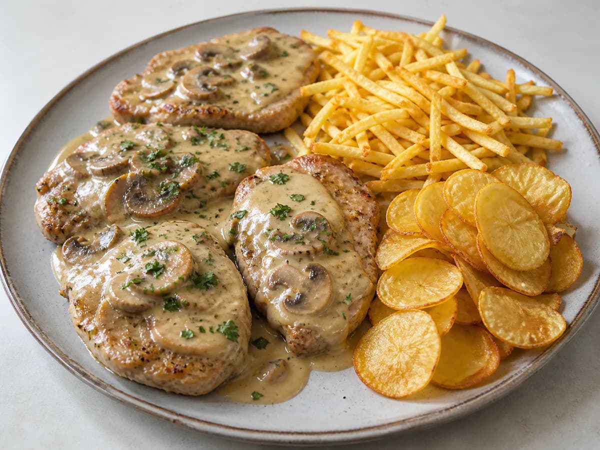 Bifes com Molho de Natas Acompanhados com Dois Tipos de Batatas Fritas