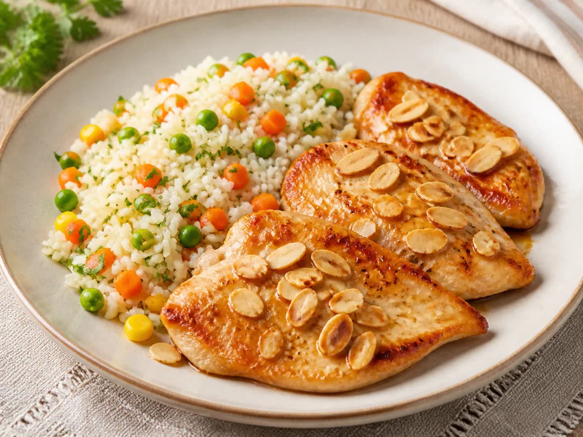 Pormenor de uma porção de Bifes de Frango com Amêndoa e Arroz Primavera