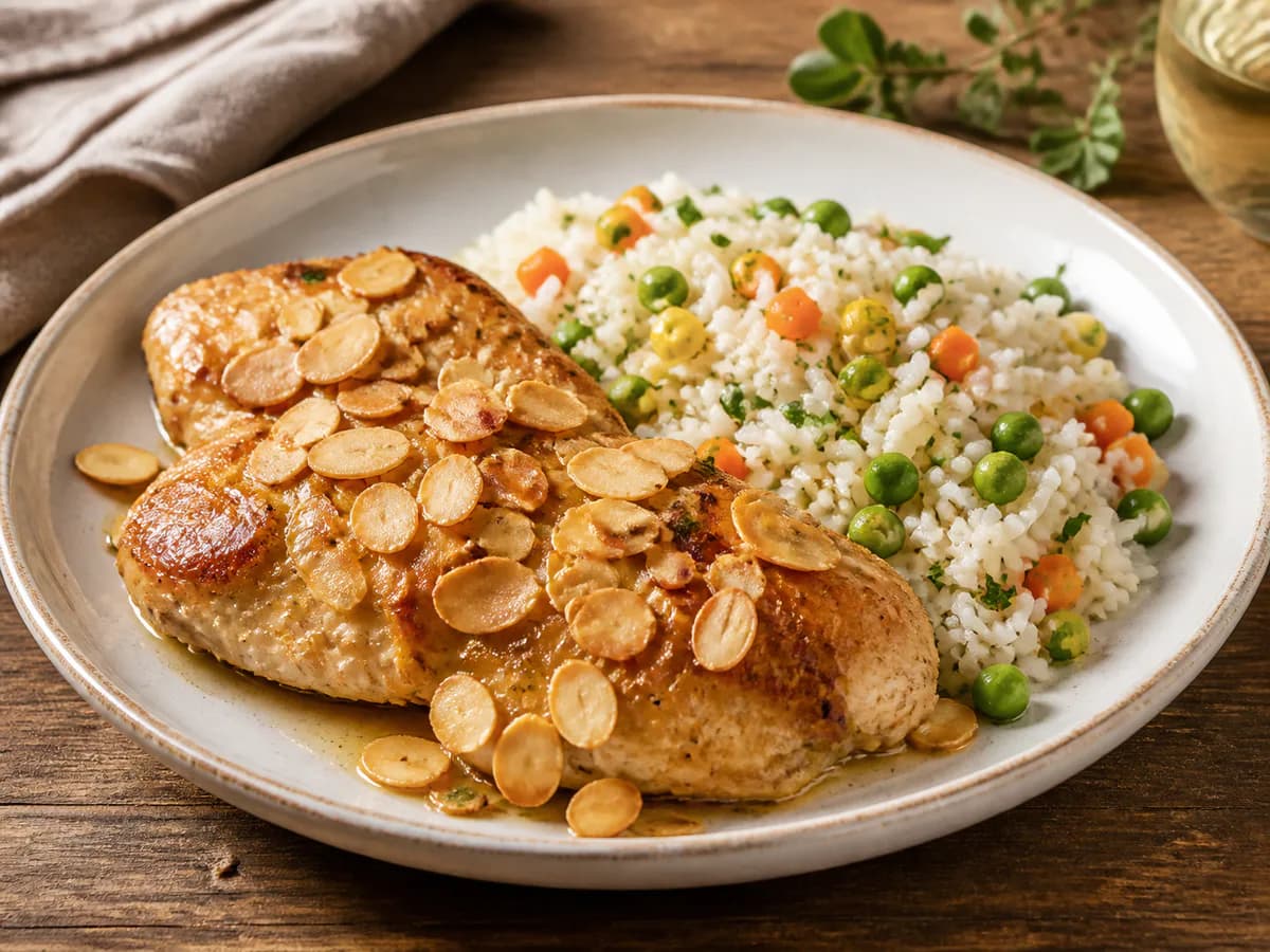 Bifes de Frango com Amêndoa e Arroz Primavera