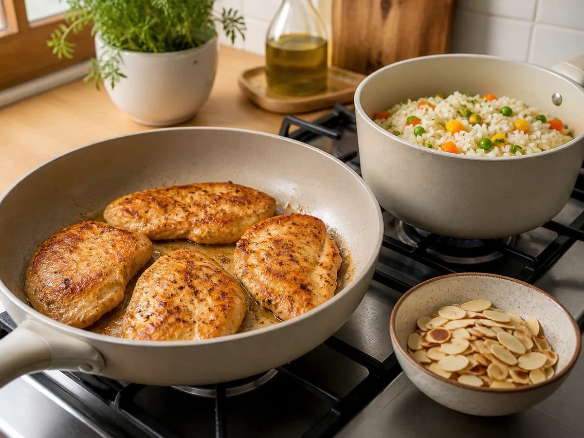 Preparação de Bifes de Frango com Amêndoa e Arroz Primavera durante a confeção