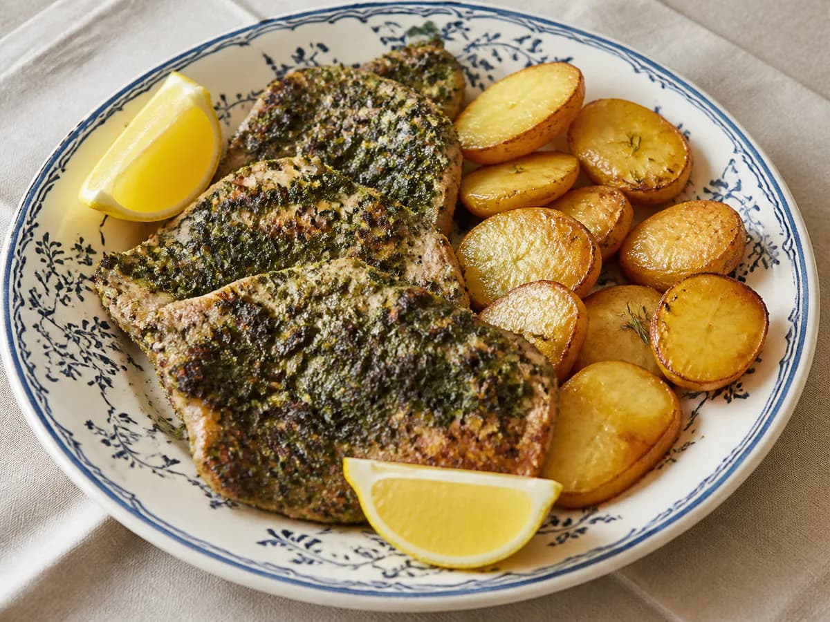 Bifes de Peru Grelhados com Crosta de Coentros e Batatas Douradas